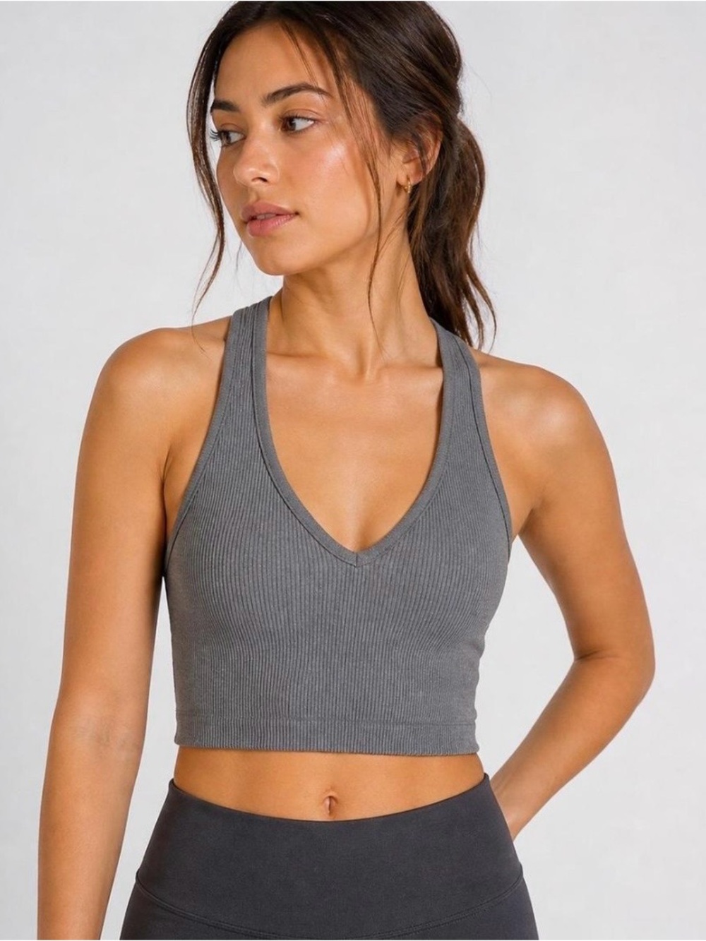 FREE PEOPLE Solid Rib Grey Cropped Tank Top - Picture 2 of 9